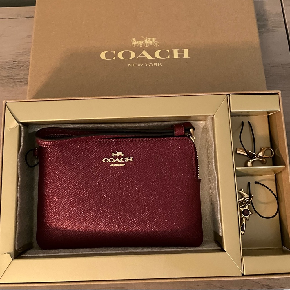 Coach Black Cherry Boxed Corner Zip Wristlet